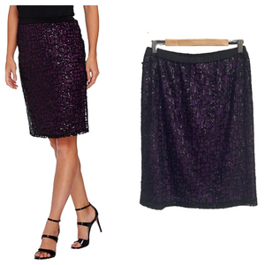 NWT Bob Mackie Women's Black & Purple Sequin Pull on Midi Skirt Size Small